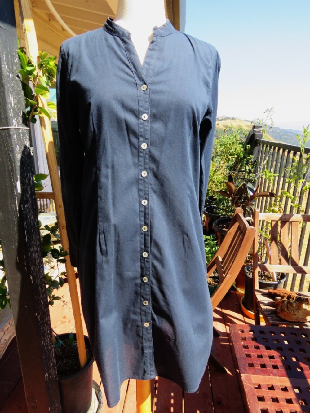 Eileen Fisher Sz Small Blue Band Collar Button Down Tunic Shirt